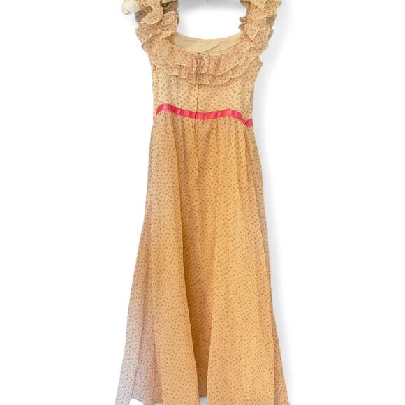 1970s JCPenny Pink Ruffle Prairie Midi Polka Dot Dress Best for XXS or XS - Picture 2 of 4